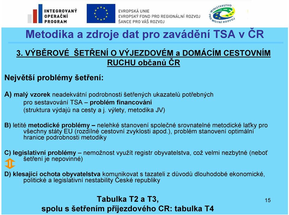 výlety, metodika JV) B) letité metodické problémy nelehké stanovení společné srovnatelné metodické laťky pro všechny státy EU (rozdílné cestovní zvyklosti apod.