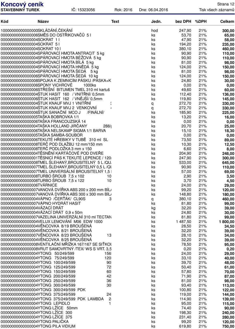 90,90 21% 11 0000000000000000450 SPÁROVACÍ HMOTA BÍLÁ 5 kg ks 0000000000000000451 SPÁROVACÍ HMOTA HNĚDÁ 5 kg ks 124,00 21% 15 0000000000000000452 SPÁROVACÍ HMOTA ŠEDÁ 5 kg ks 0000000000000000617