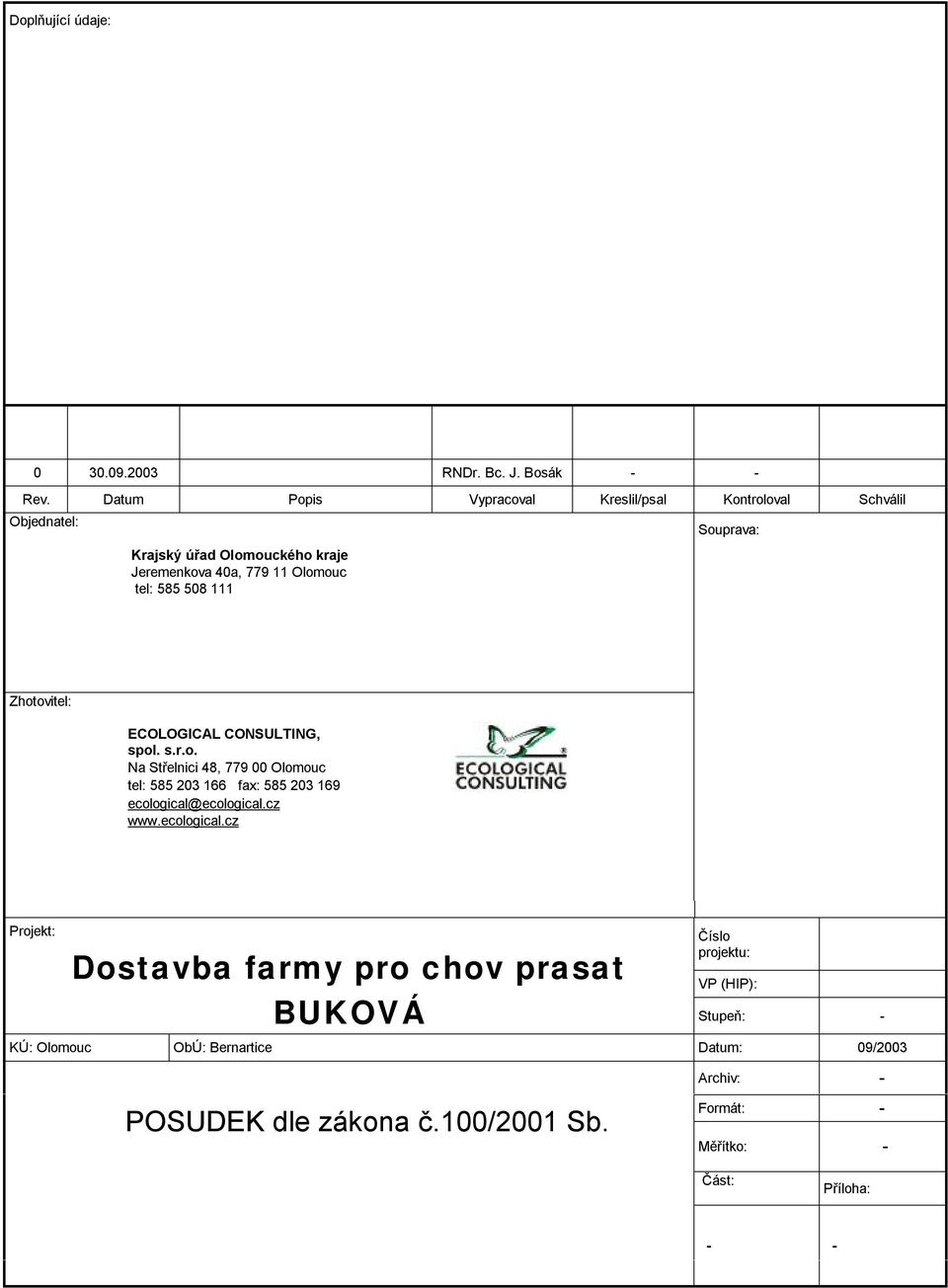 111 Souprava: Zhotovitel: ECOLOGICAL CONSULTING, spol. s.r.o. Na Střelnici 48, 779 00 Olomouc tel: 585 203 166 fax: 585 203 169 ecological@ecological.