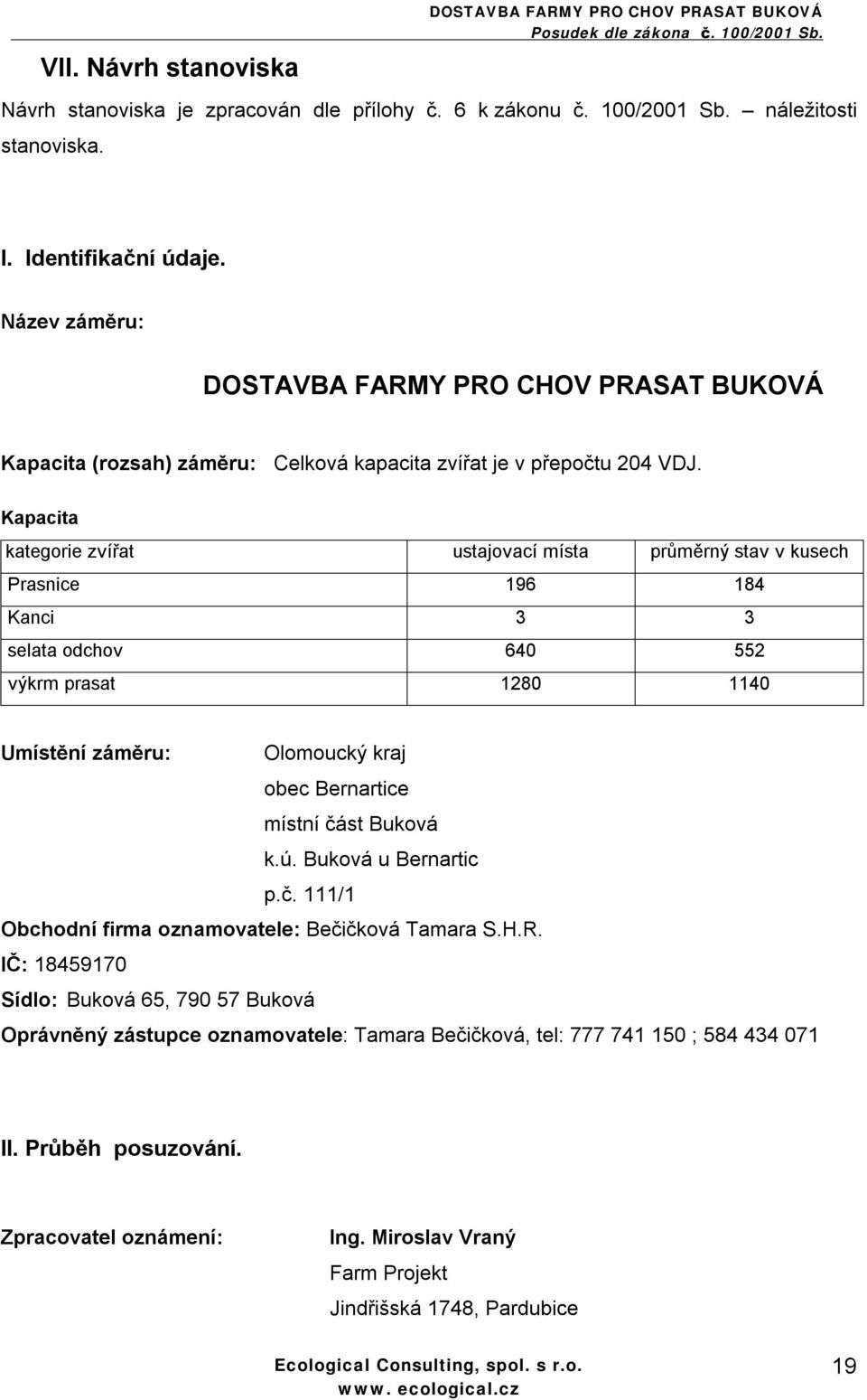 Kapacita ie zvířat kategorie zvířat ustajovací místa průměrný stav v kusech Prasnice 196 184 Kanci 3 3 selata odchov 640 552 výkrm prasat 1280 1140 Umístění záměru: Olomoucký kraj obec Bernartice