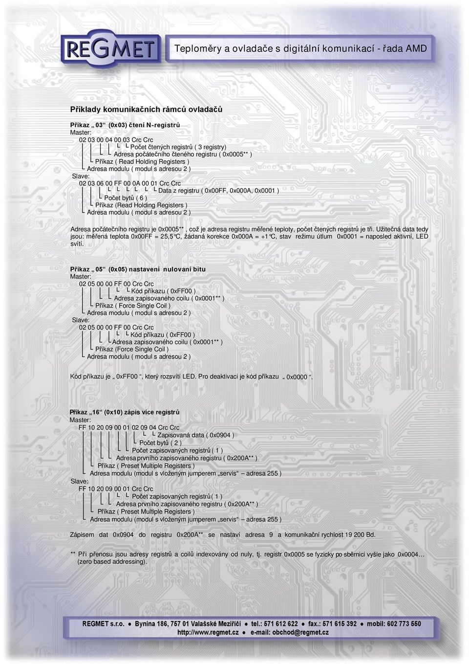adresa registru měřené teploty, počet čtených registrů je tři.