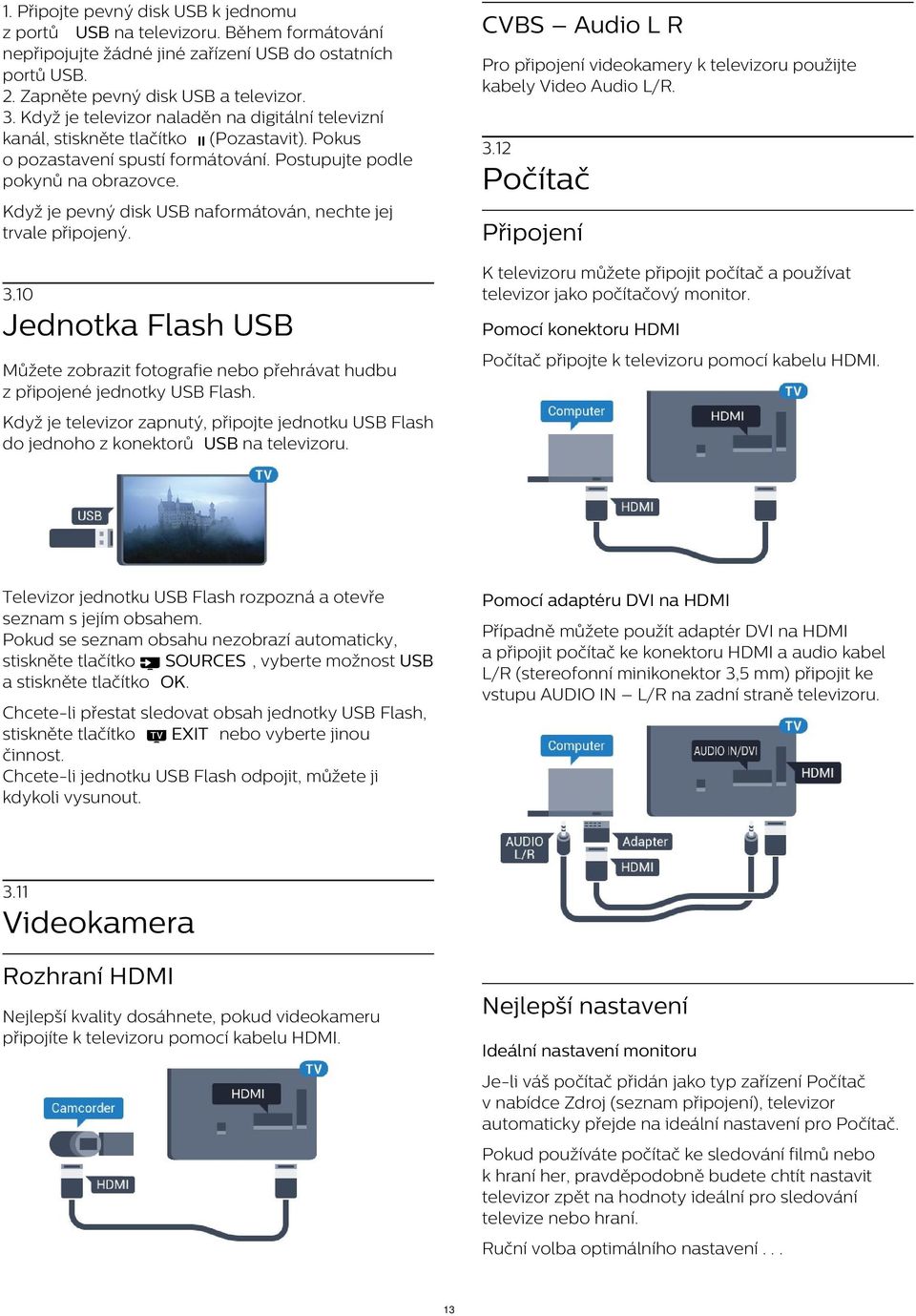 CVBS Audio L R Pro připojení videokamery k televizoru použijte kabely Video Audio L/R. 3.12 Počítač Když je pevný disk USB naformátován, nechte jej trvale připojený. Připojení 3.