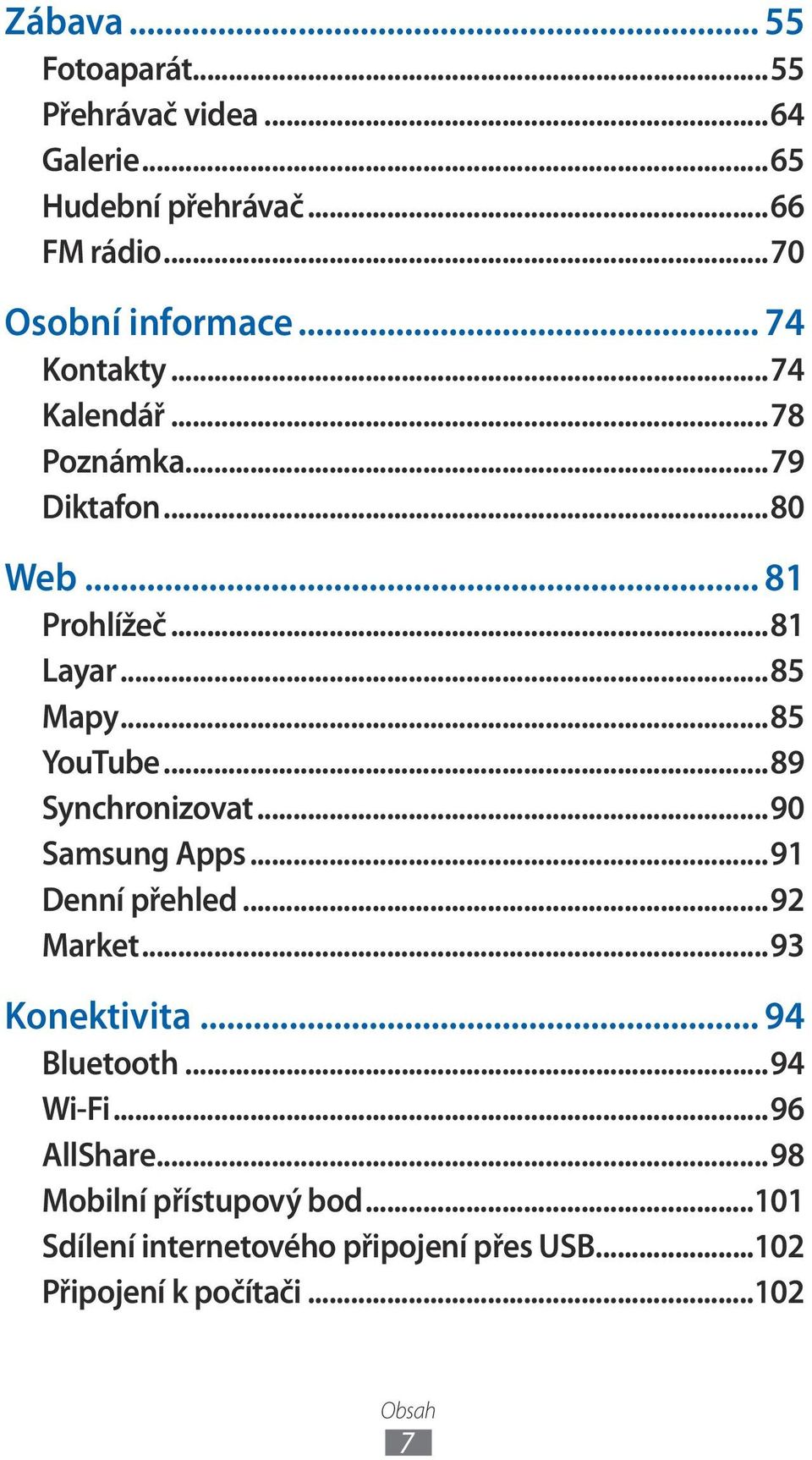 ..89 Synchronizovat...90 Samsung Apps...9 Denní přehled...92 Market...93 Konektivita... 94 Bluetooth...94 Wi-Fi.