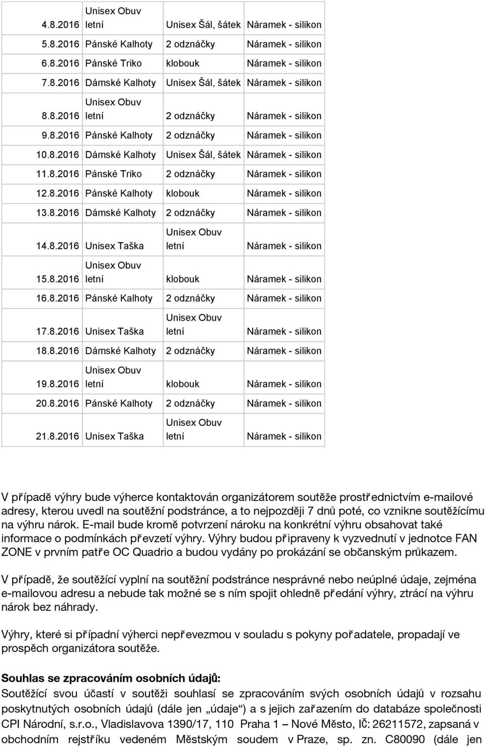 8.2016 Dámské Kalhoty 2 odznáčky 19.8.2016 klobouk 20.8.2016 Pánské Kalhoty 2 odznáčky 21.8.2016 Unisex Taška V případěvýhry bude výherce kontaktován organizátorem soutěže prostřednictvím e-mailové
