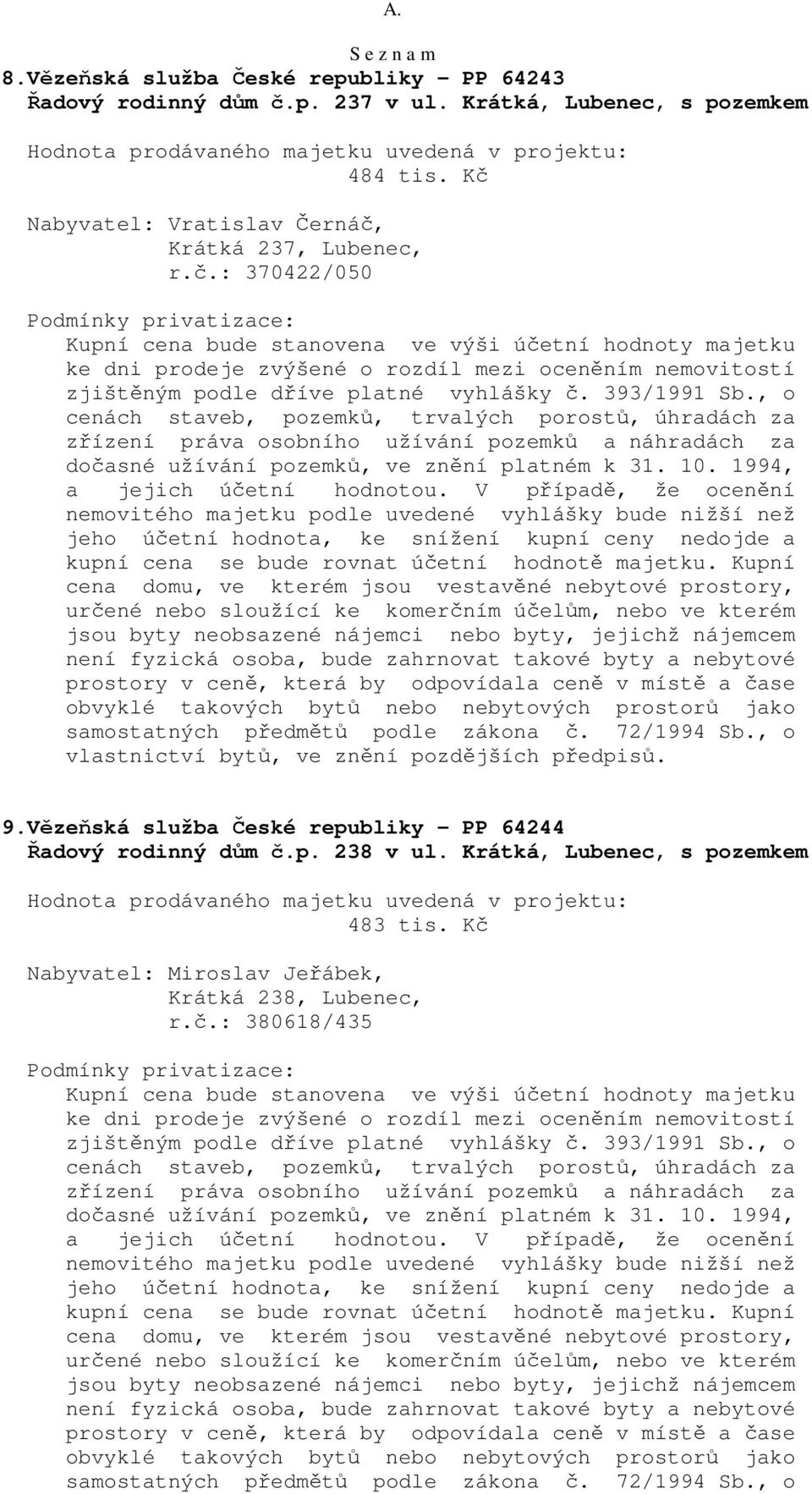 Vězeňská služba České republiky - PP 64244 Řadový rodinný dům č.p. 238 v ul. Krátká, Lubenec, s pozemkem 483 tis. Kč Nabyvatel: Miroslav Jeřábek, Krátká 238, Lubenec, r.č.: 380618/435 Kupní cena bude stanovena ve výši účetní hodnoty majetku zjištěným podle dříve platné vyhlášky č.