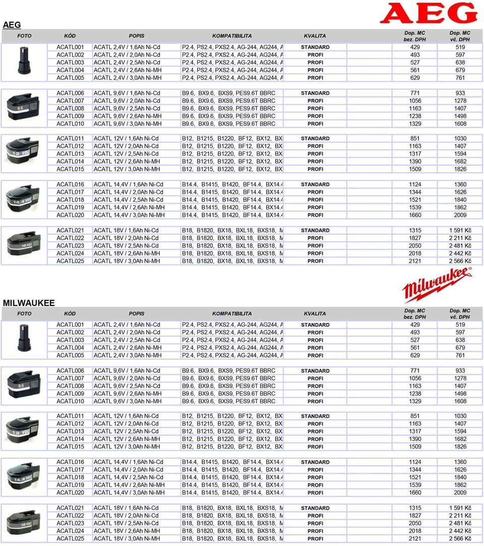 6, 8X9.6, BXS9, PES9.6T 88RC 771 933 ACATL007 ACATL 9,6V I 2,0Ah Ni-Cd 89.6, 8X9.6, BXS9,PES9.6T 88RC 1056 1278 ACATL008 ACATL 9,6V I 2,5Ah Ni-Cd 89.6, 8X9.6, BXS9,PES9.6T 88RC PROFI 1163 ACATL009 ACATL 9,6V I 2,6Ah Ni-MH 89.