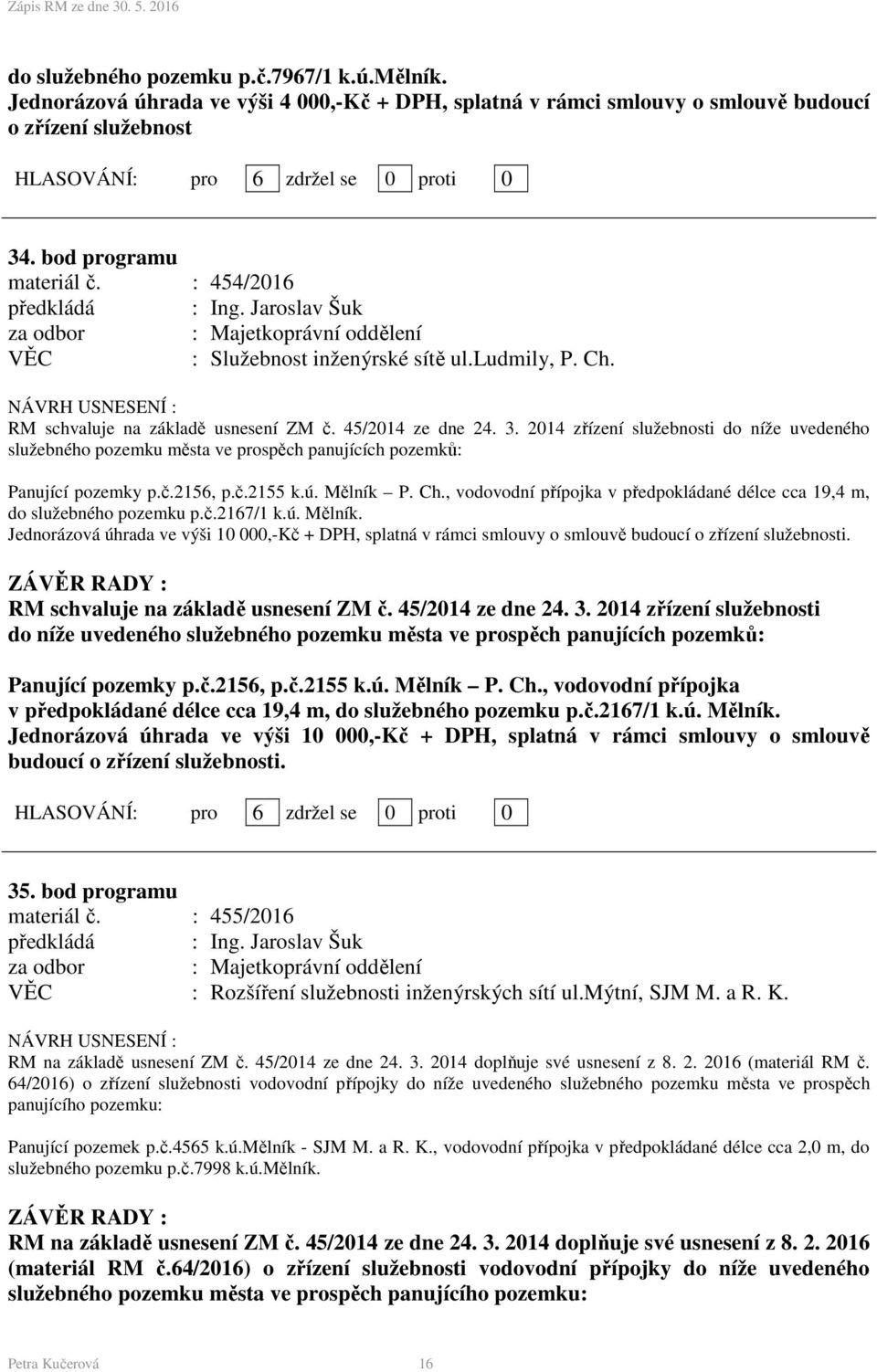 2014 zřízení služebnosti do níže uvedeného služebného pozemku města ve prospěch panujících pozemků: Panující pozemky p.č.2156, p.č.2155 k.ú. Mělník P. Ch.