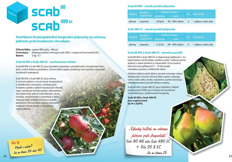 Účinná látka: captan 800 g/kg / 480 g/l Formulace: dispergovatelný mikrogranulát (WG) / suspenzní koncentrát (SC) Balení: 5 kg / 5 l Scab 80 WG a Scab 480 SC - mechanismus účinku Scab 80 WG a Scab