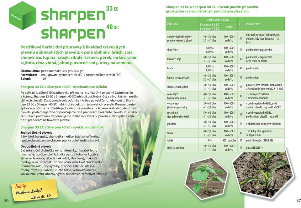 Účinná látka: pendimethalin 330 g/l / 400 g/l Formulace: emulgovatelný koncentrát (EC) / suspenzní koncentrát (SC) Balení: 10 l Sharpen 33 EC a Sharpen 40 SC - mechanismus účinku Po aplikaci je