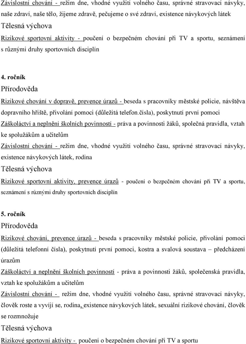 ročník Přírodověda Rizikové chování v dopravě, prevence úrazů - beseda s pracovníky městské policie, návštěva dopravního hřiště, přivolání pomoci (důležitá telefon.