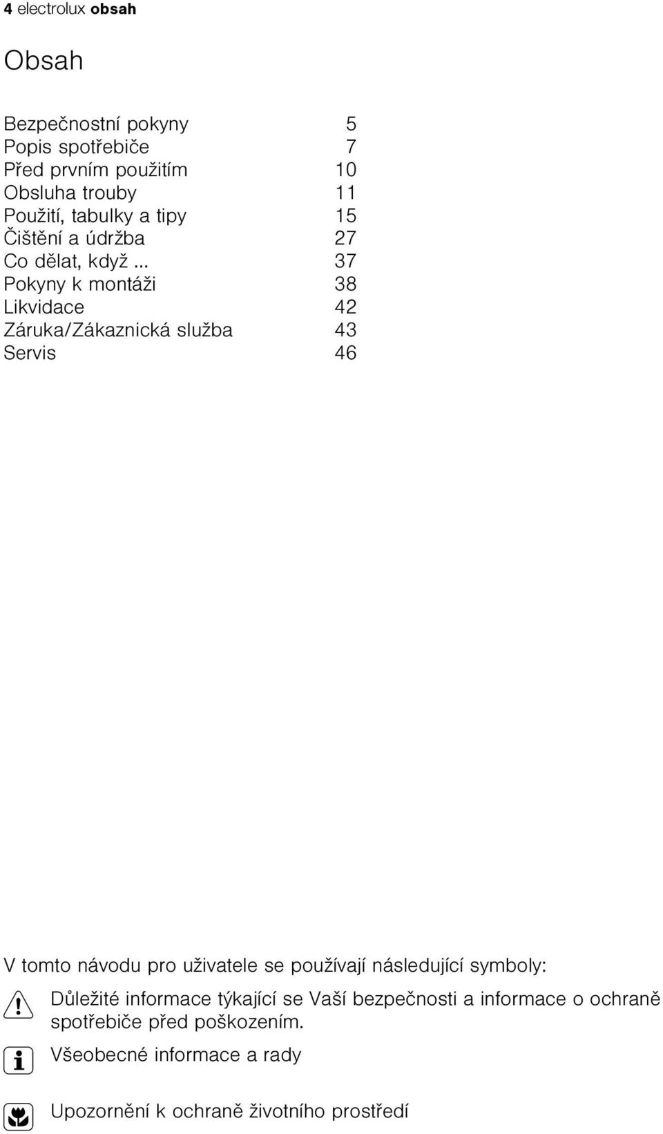 .. 37 Pokyny k montáži 38 Likvidace 42 Záruka/Zákaznická služba 43 Servis 46 V tomto návodu pro uživatele se používají