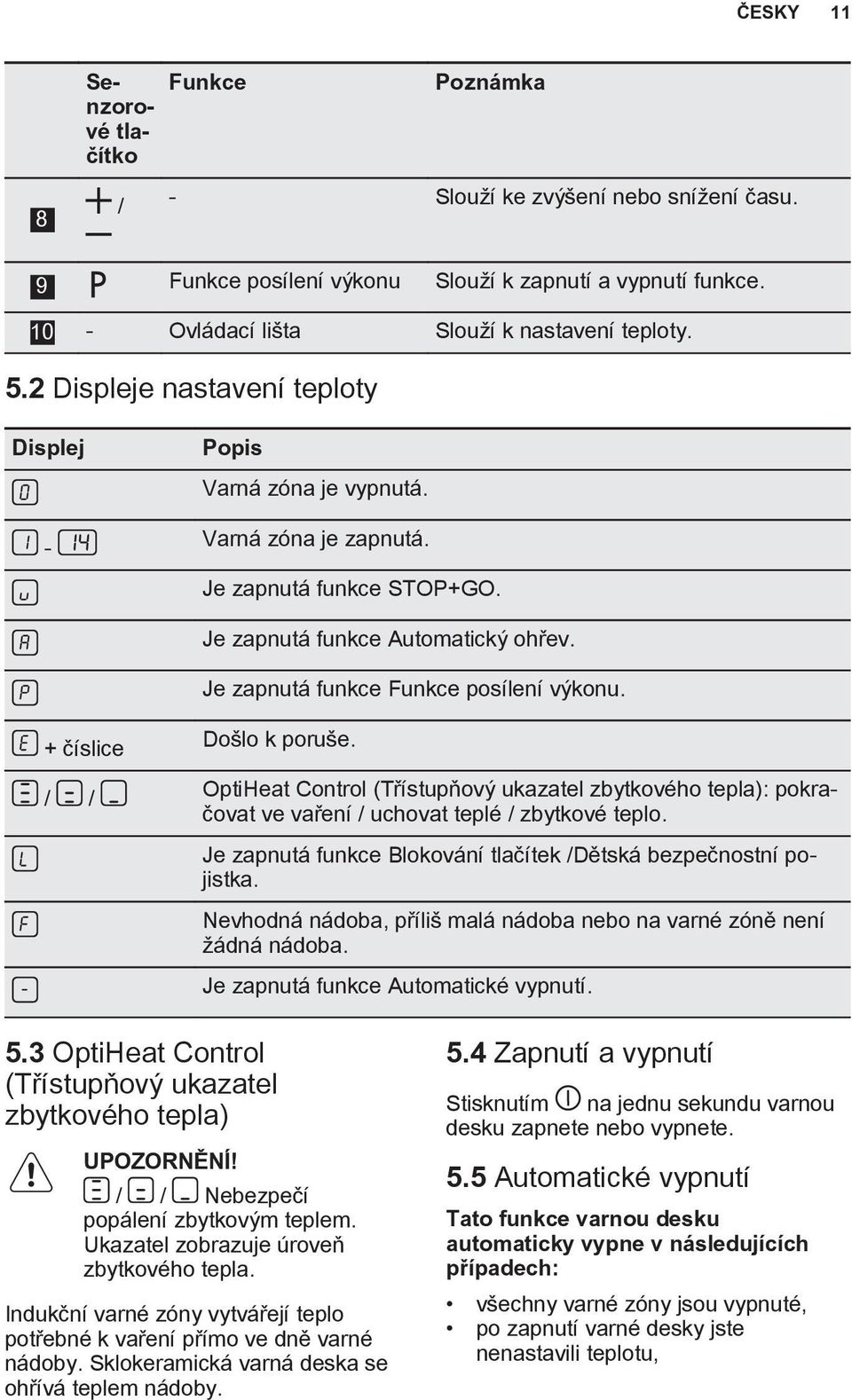 + číslice / / Došlo k poruše. OptiHeat Control (Třístupňový ukazatel zbytkového tepla): pokračovat ve vaření / uchovat teplé / zbytkové teplo.