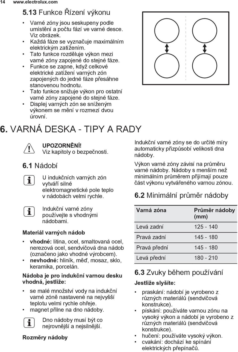 Tato funkce snižuje výkon pro ostatní varné zóny zapojené do stejné fáze. Displej varných zón se sníženým výkonem se mění v rozmezí dvou úrovní. 6. VARNÁ DESKA - TIPY A RADY 6.