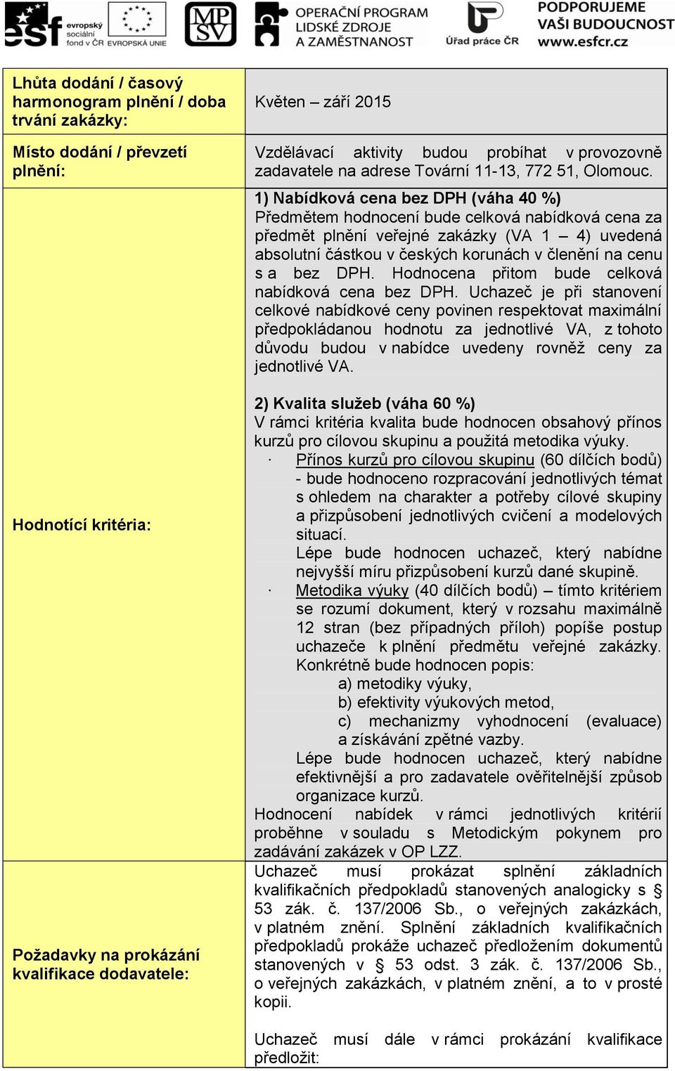 1) Nabídková cena bez DPH (váha 40 %) Předmětem hodnocení bude celková nabídková cena za předmět plnění veřejné zakázky (VA 1 4) uvedená absolutní částkou v českých korunách v členění na cenu s a bez