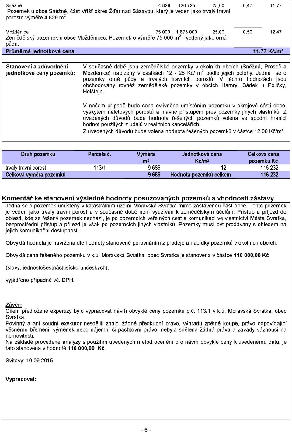 Průměrná jednotková cena 11,77 Kč/m 2 Stanovení a zdůvodnění jednotkové ceny pozemků: V současné době jsou zemědělské pozemky v okolních obcích (Sněžná, Proseč a Možděnice) nabízeny v částkách 12-25
