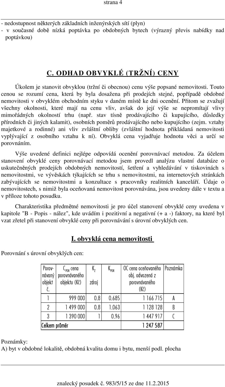 Touto cenou se rozumí cena, která by byla dosažena při prodejích stejné, popřípadě obdobné nemovitosti v obvyklém obchodním styku v daném místě ke dni ocenění.