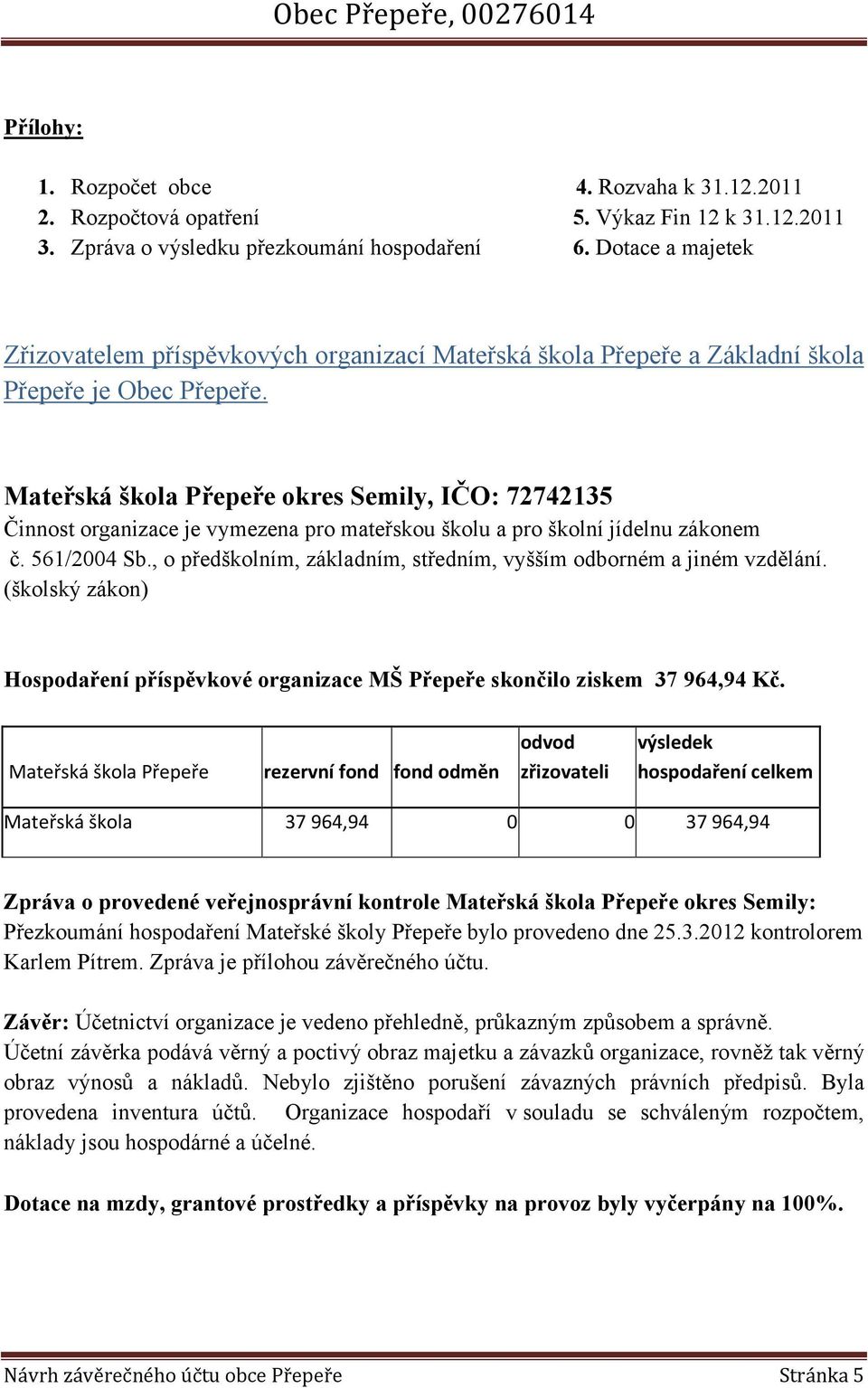 Mateřská škola Přepeře okres Semily, IČO: 72742135 Činnost organizace je vymezena pro mateřskou školu a pro školní jídelnu zákonem č. 561/2004 Sb.