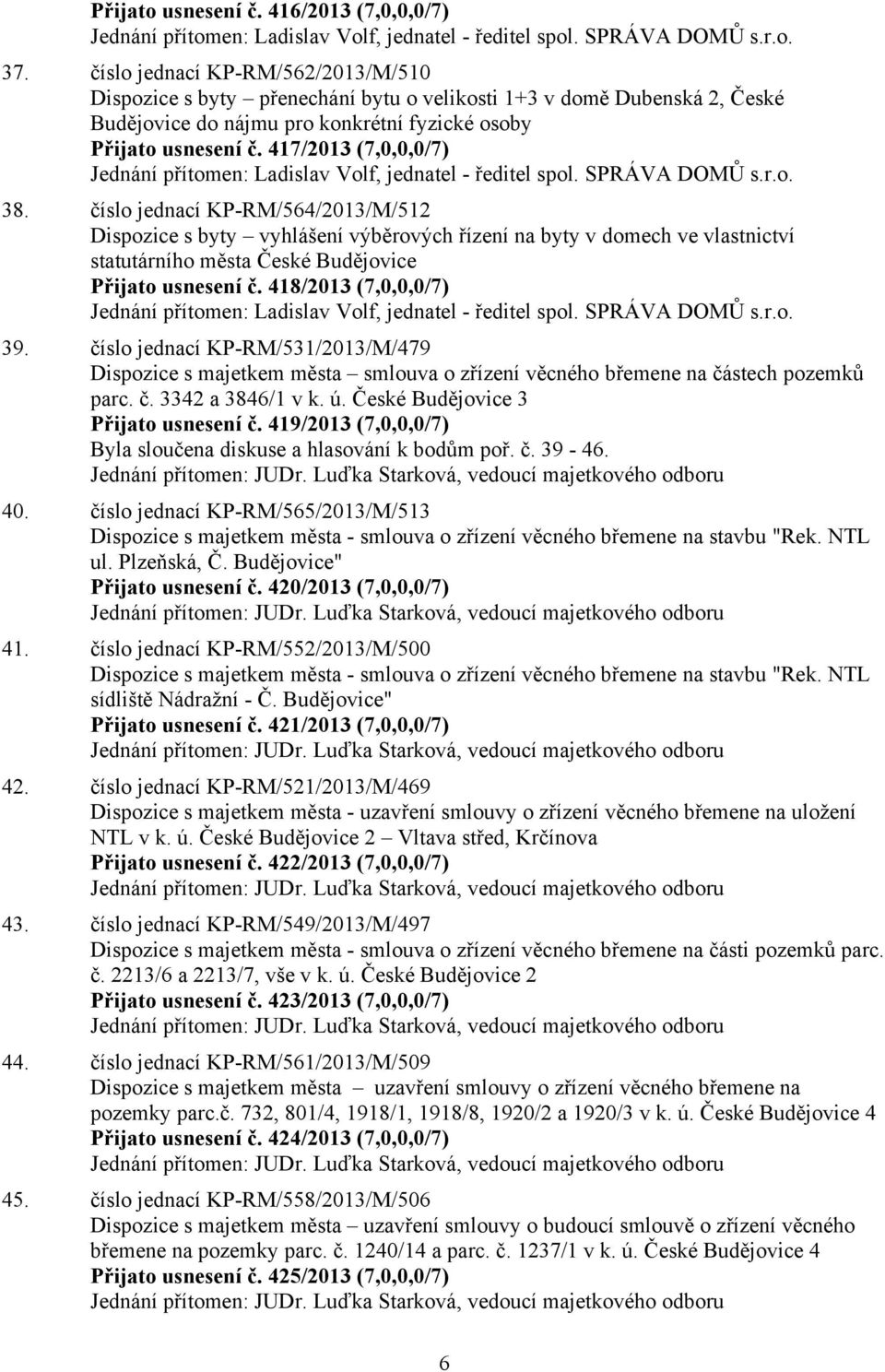 417/2013 (7,0,0,0/7) Jednání přítomen: Ladislav Volf, jednatel - ředitel spol. SPRÁVA DOMŮ s.r.o. 38.