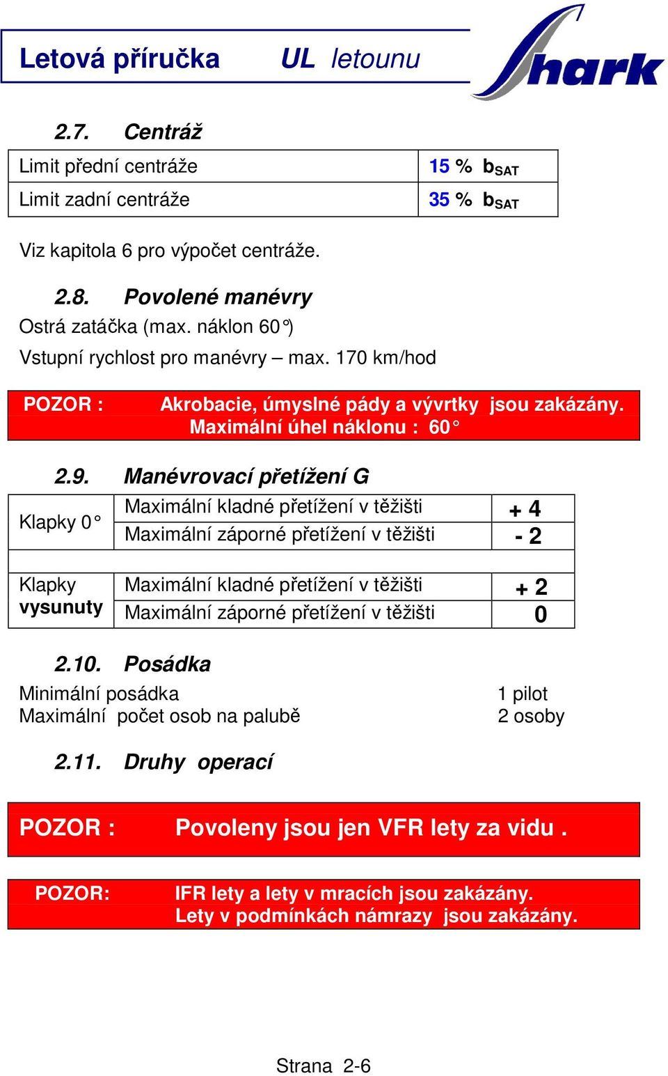 Manévrovací přetížení G Klapky 0 Maximální kladné přetížení v těžišti + 4 Maximální záporné přetížení v těžišti - 2 Klapky vysunuty Maximální záporné přetížení v těžišti 0 Maximální kladné