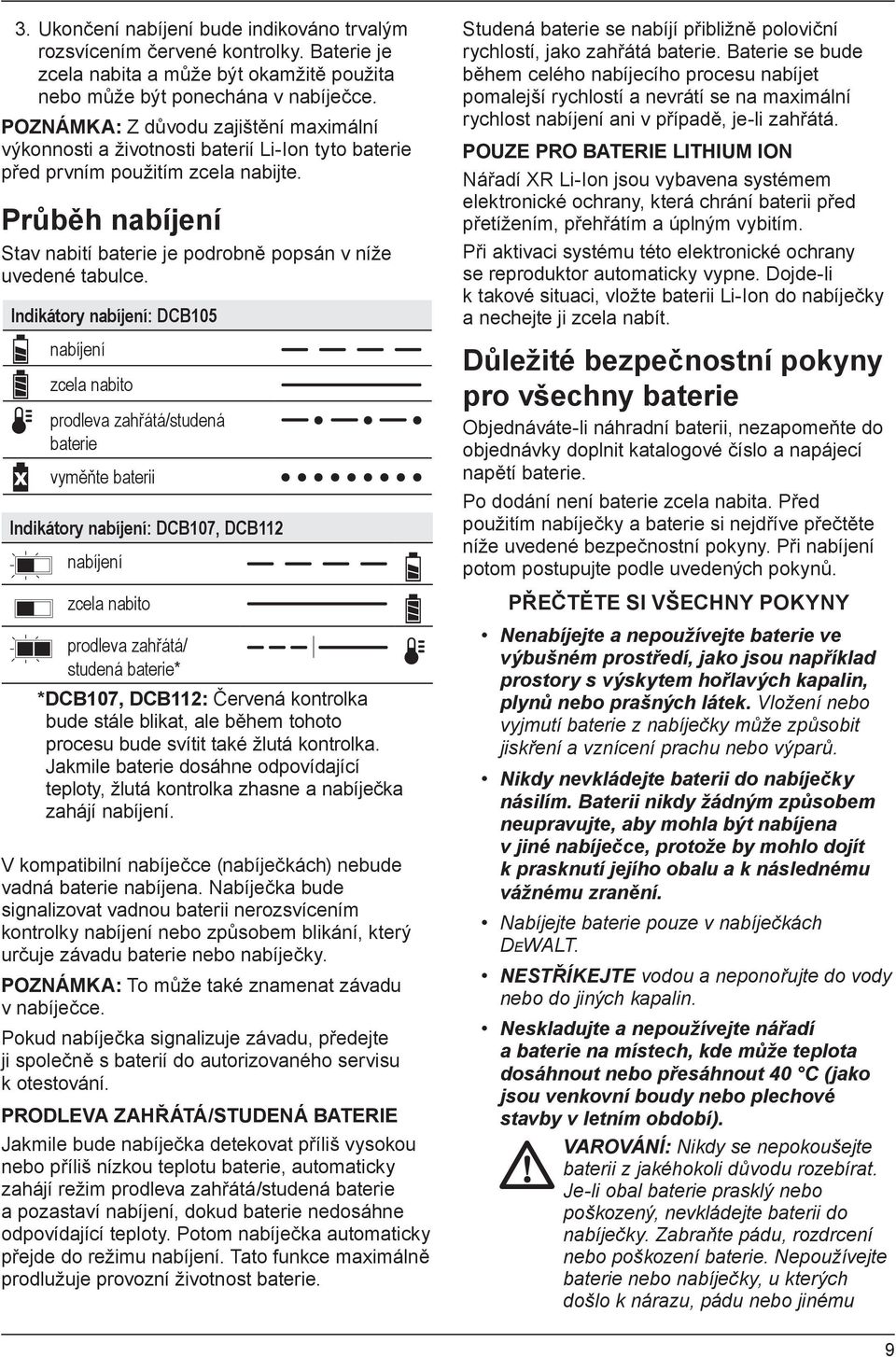 Průběh nabíjení Stav nabití baterie je podrobně popsán v níže uvedené tabulce.