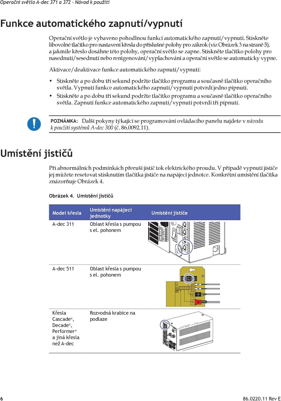 Stiskněte tlačítko polohy pro nasednutí/sesednutí nebo rentgenování/vyplachování a operační světlo se automaticky vypne.
