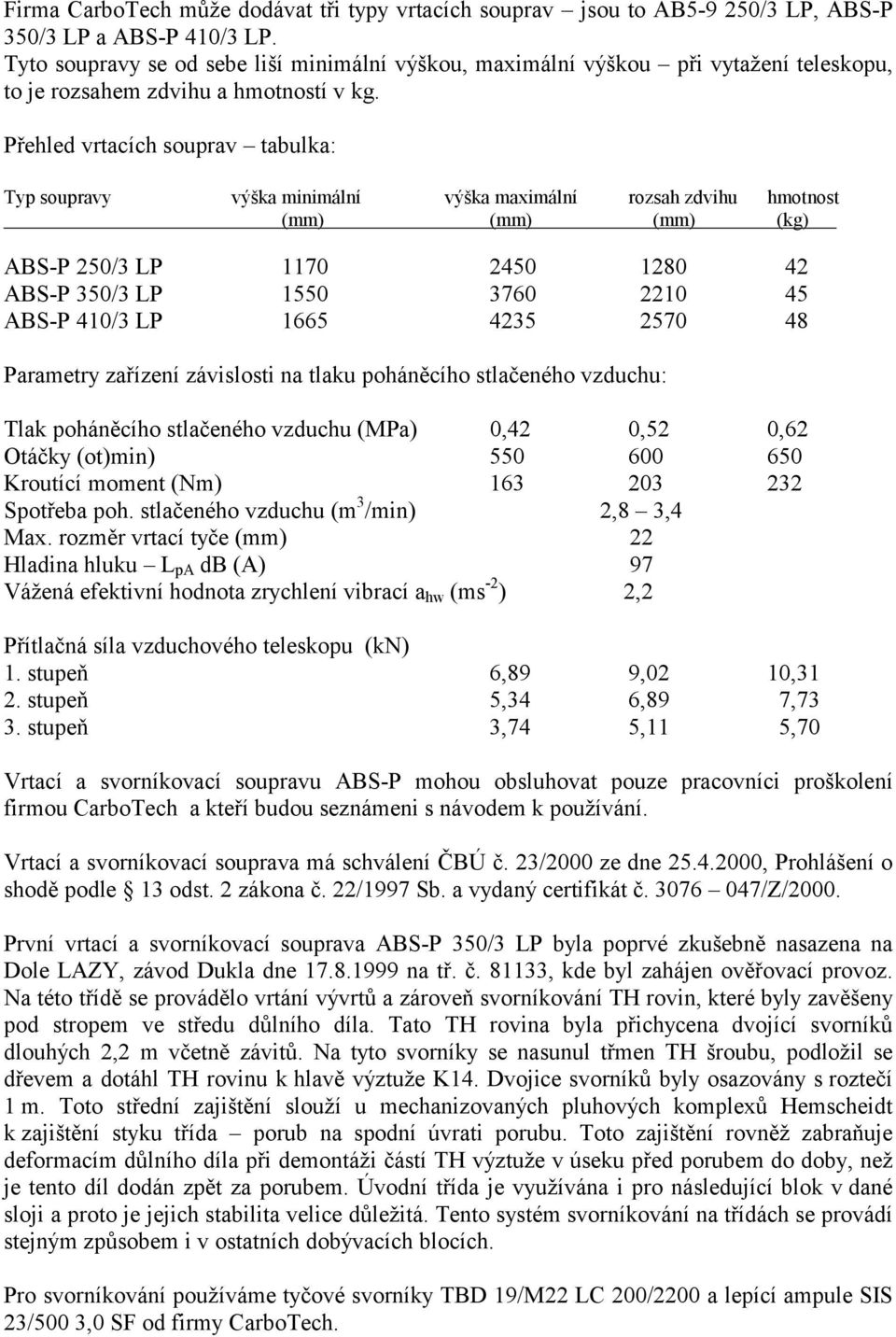 Přehled vrtacích souprav tabulka: Typ soupravy výška minimální výška maximální rozsah zdvihu hmotnost (mm) (mm) (mm) (kg) ABS-P 250/3 LP 1170 2450 1280 42 ABS-P 350/3 LP 1550 3760 2210 45 ABS-P 410/3