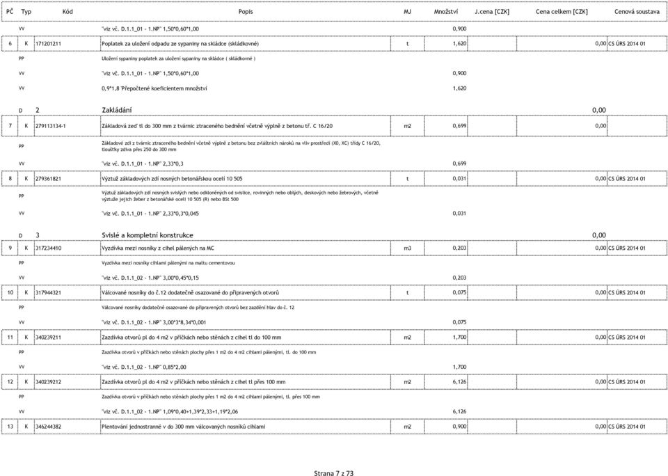 ) NP" 1,50*0,60*1,00 0,900 VV 0,9*1,8 'Přepočtené koeficientem množství 1,620 D 2 Zakládání 0,00 7 K 279113134-1 Základová zeď tl do 300 mm z tvárnic ztraceného bednění včetně výplně z betonu tř.
