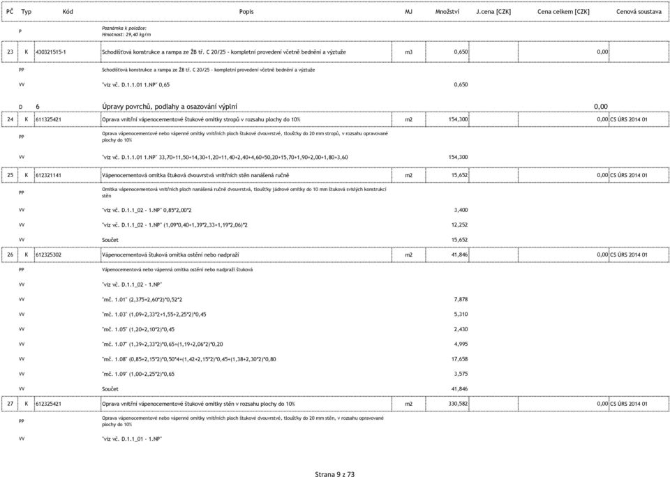 NP" 0,65 0,650 D 6 Úpravy povrchů, podlahy a osazování výplní 0,00 24 K 611325421 Oprava vnitřní vápenocementové štukové omítky stropů v rozsahu plochy do 10% m2 154,300 0,00 CS ÚRS 2014 01 Oprava
