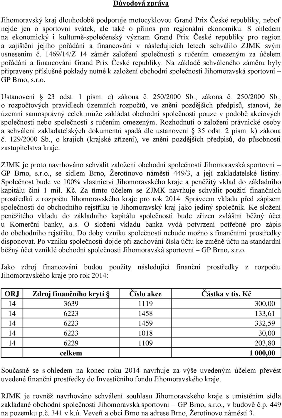 1469/14/Z 14 záměr založení společnosti s ručením omezeným za účelem pořádání a financování Grand Prix České republiky.