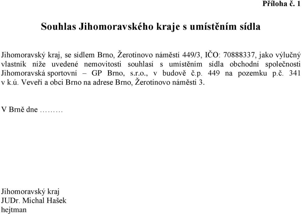 449/3, IČO: 70888337, jako výlučný vlastník níže uvedené nemovitosti souhlasí s umístěním sídla obchodní