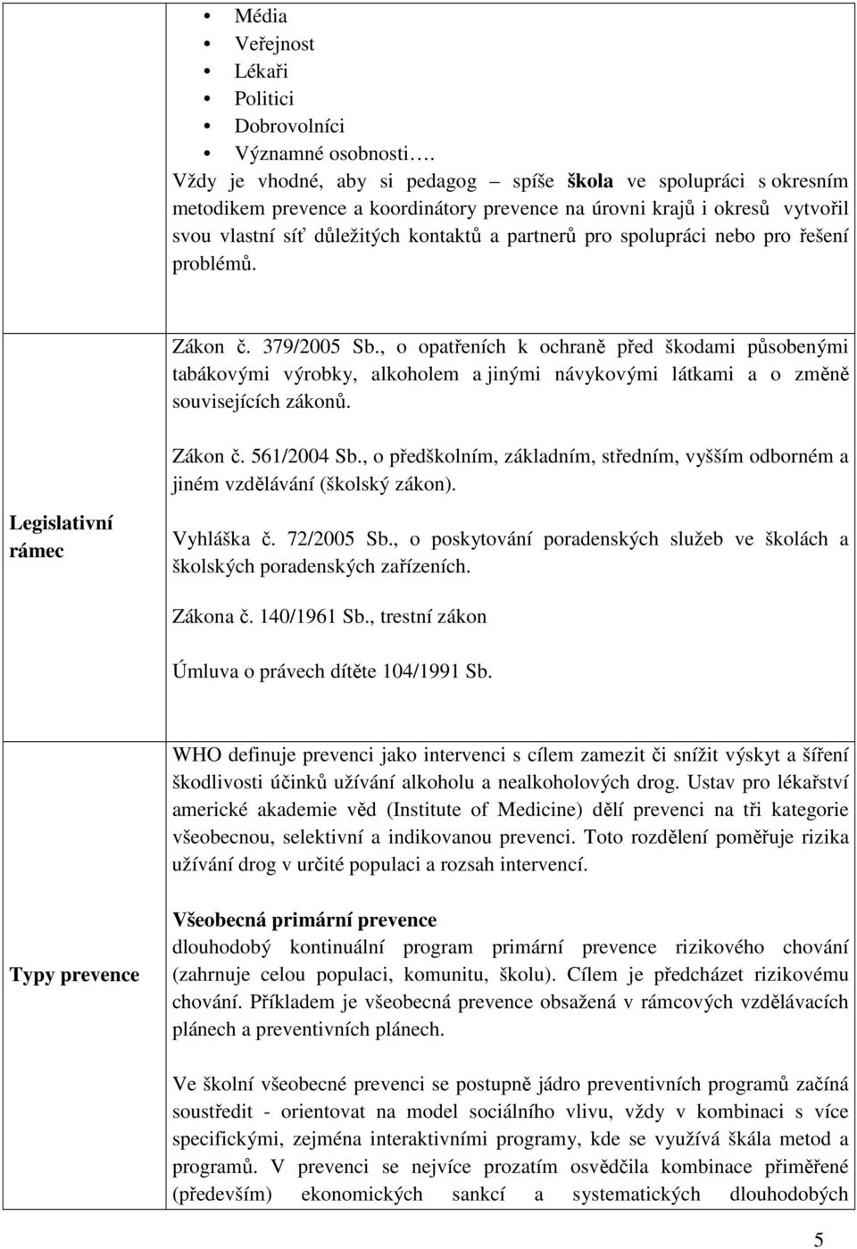 spolupráci nebo pro řešení problémů. Zákon č. 379/2005 Sb., o opatřeních k ochraně před škodami působenými tabákovými výrobky, alkoholem a jinými návykovými látkami a o změně souvisejících zákonů.