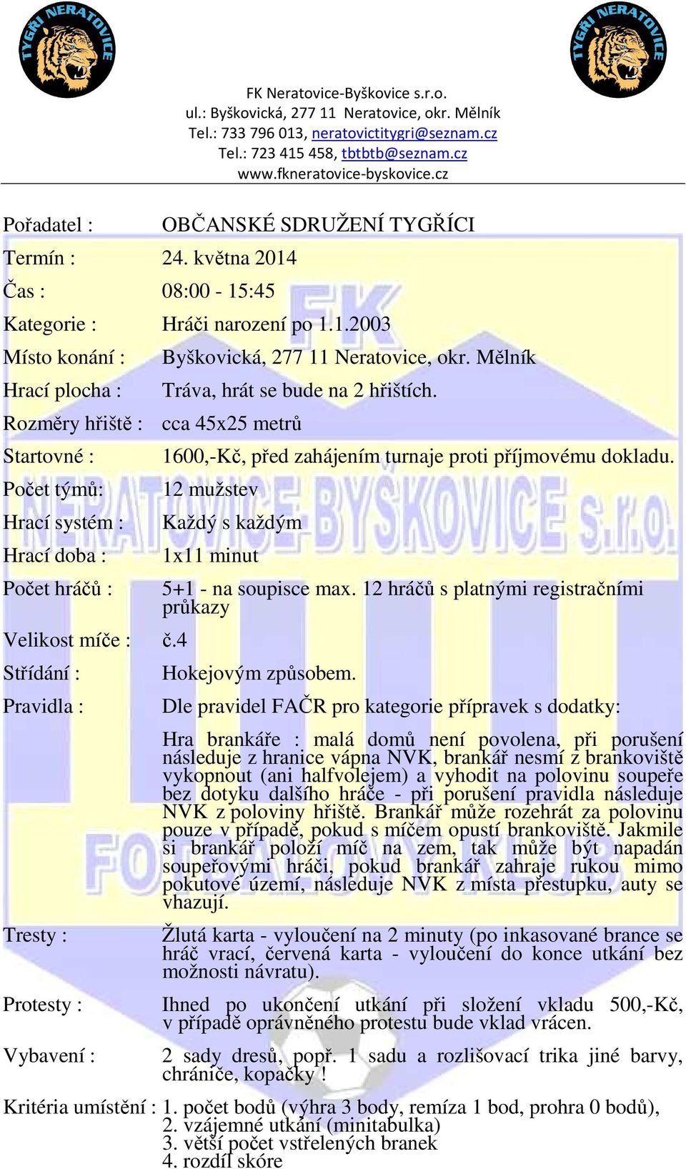 4 Střídání : Pravidla : Tresty : Protesty : Vybavení : 1600,-Kč, před zahájením turnaje proti příjmovému dokladu. 12 mužstev Každý s každým 1x11 minut 5+1 - na soupisce max.