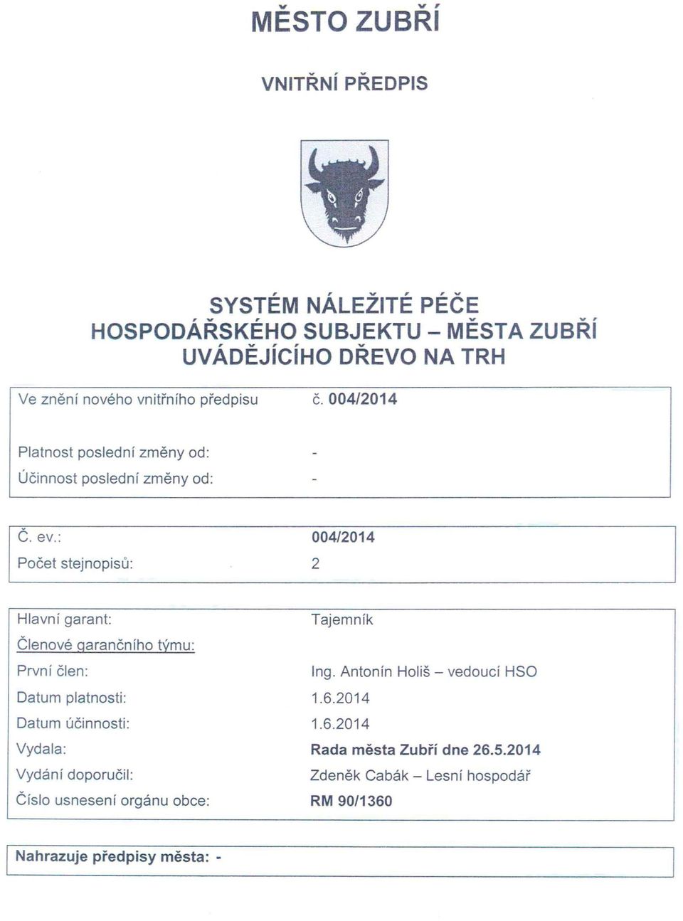 00/01 Platnost poslední změny od : Úč i nnost poslední změny od : I č ev Počet stejnopisů 00/01 Hlavní garant: Členové garančního