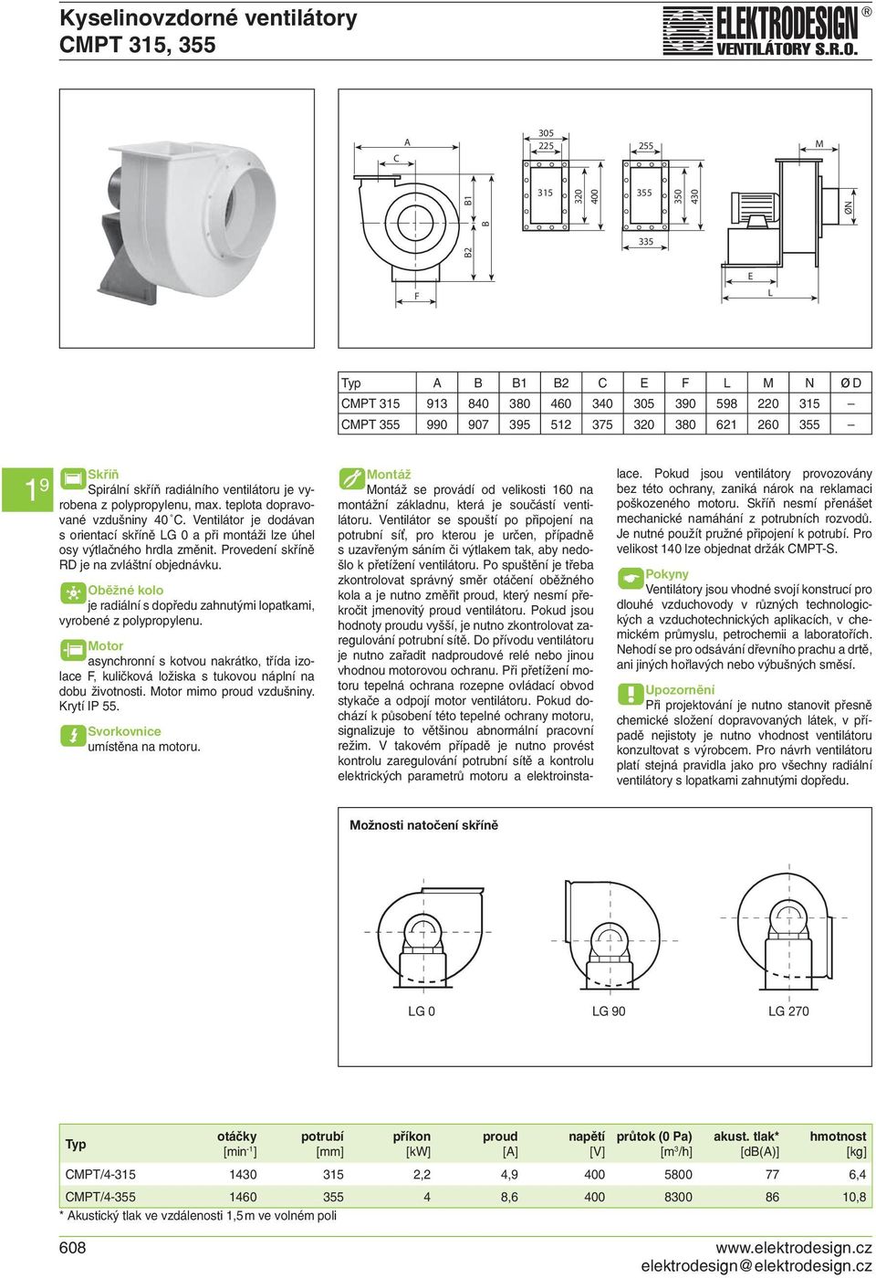 Ventilátor je dodávan s orientací skříně LG 0 a při montáži lze úhel osy výtlačného hrdla změnit. Provedení skříně RD je na zvláštní objednávku.