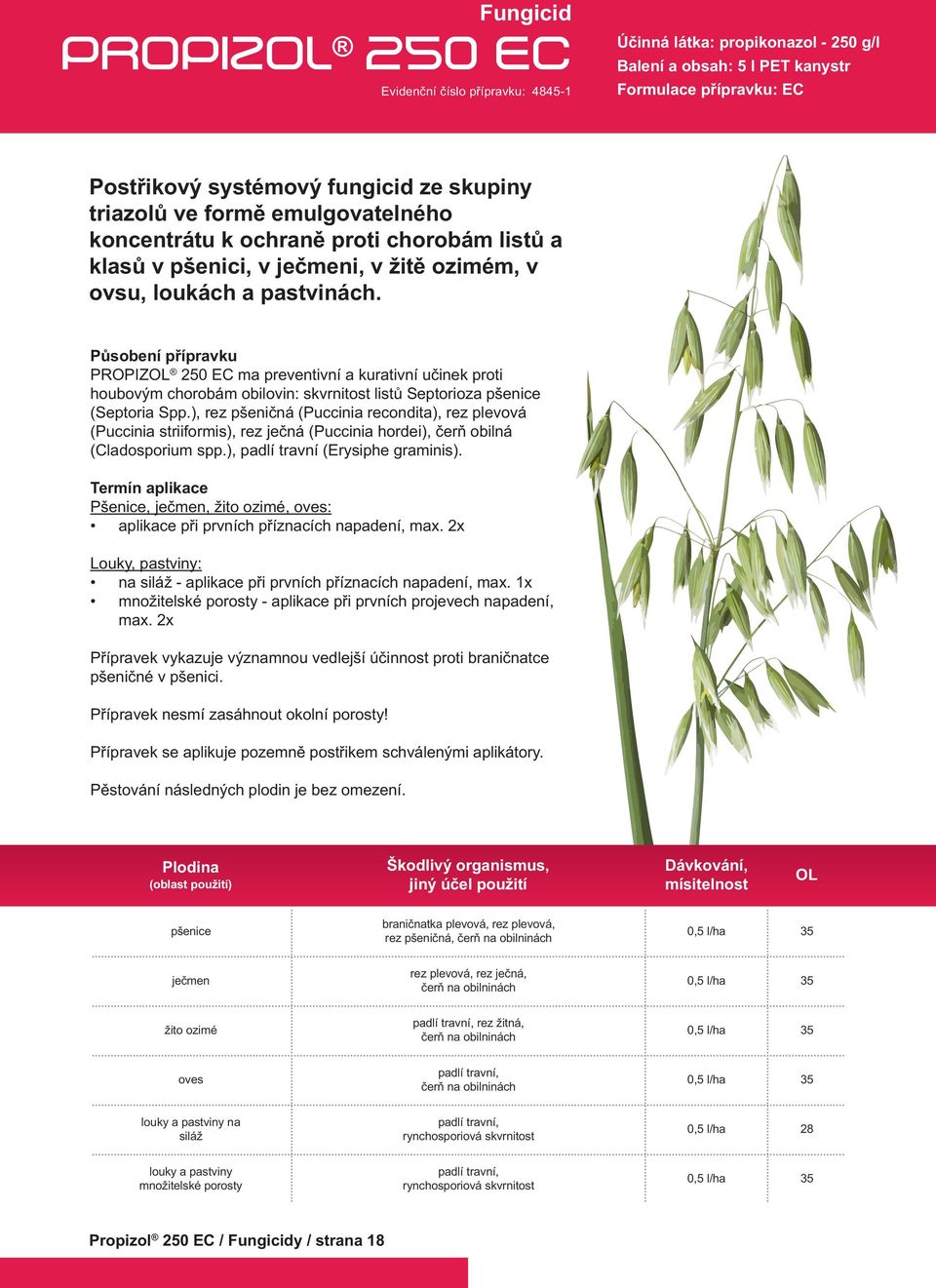 Působení přípravku PROPIZ 250 EC ma preventivní a kurativní učinek proti houbovým chorobám obilovin: skvrnitost listů Septorioza pšenice (Septoria Spp.