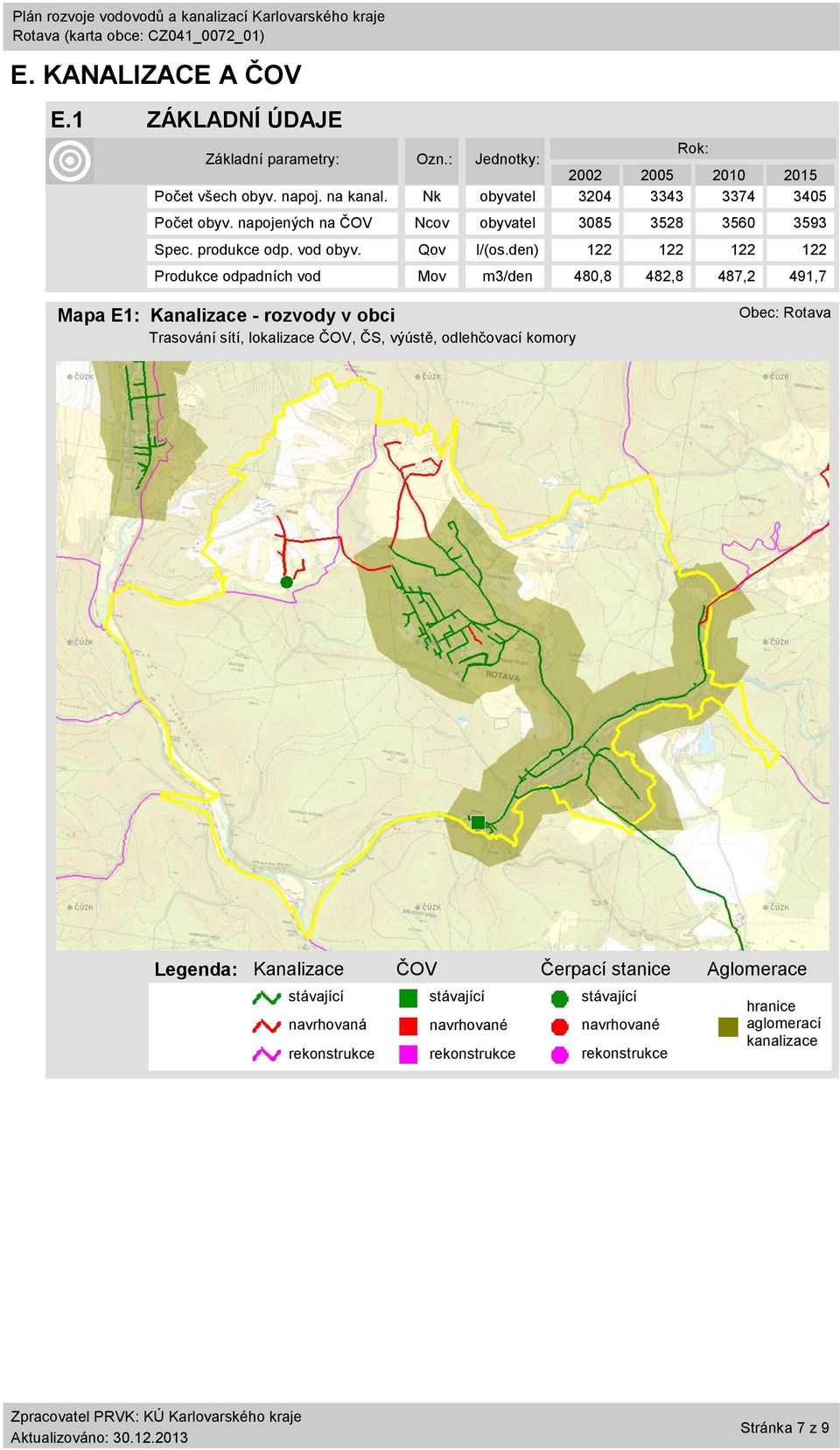 den) 122 122 122 122 Produkce odpadních vod Mov m3/den 480,8 482,8 487,2 491,7 Mapa E1: Kanalizace - rozvody v obci Trasování sítí, lokalizace ČOV, ČS, výústě,