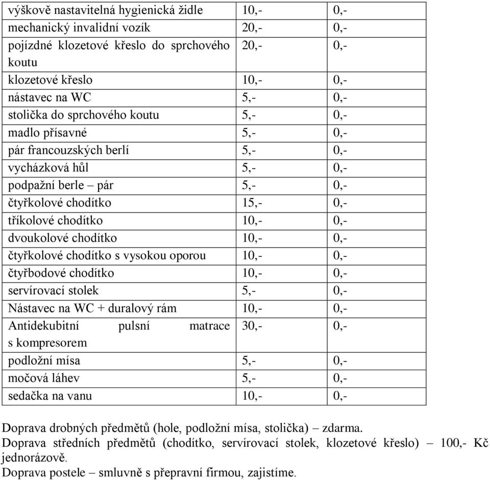 chodítko 10,- 0,- čtyřkolové chodítko s vysokou oporou 10,- 0,- čtyřbodové chodítko 10,- 0,- servírovací stolek 5,- 0,- Nástavec na WC + duralový rám 10,- 0,- Antidekubitní pulsní matrace 30,- 0,- s