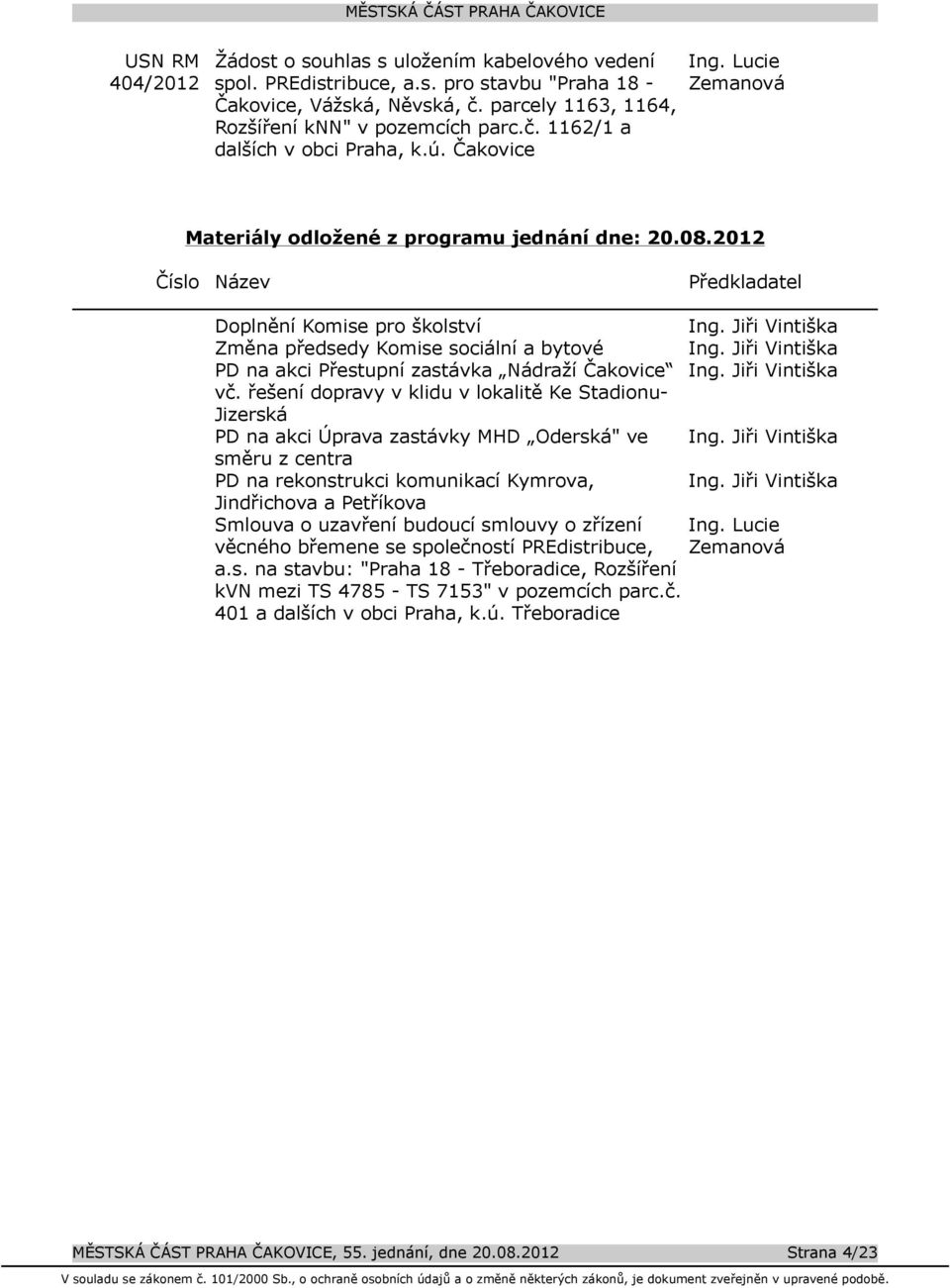 2012 Číslo Název Předkladatel Doplnění Komise pro školství Změna předsedy Komise sociální a bytové PD na akci Přestupní zastávka Nádraží Čakovice vč.