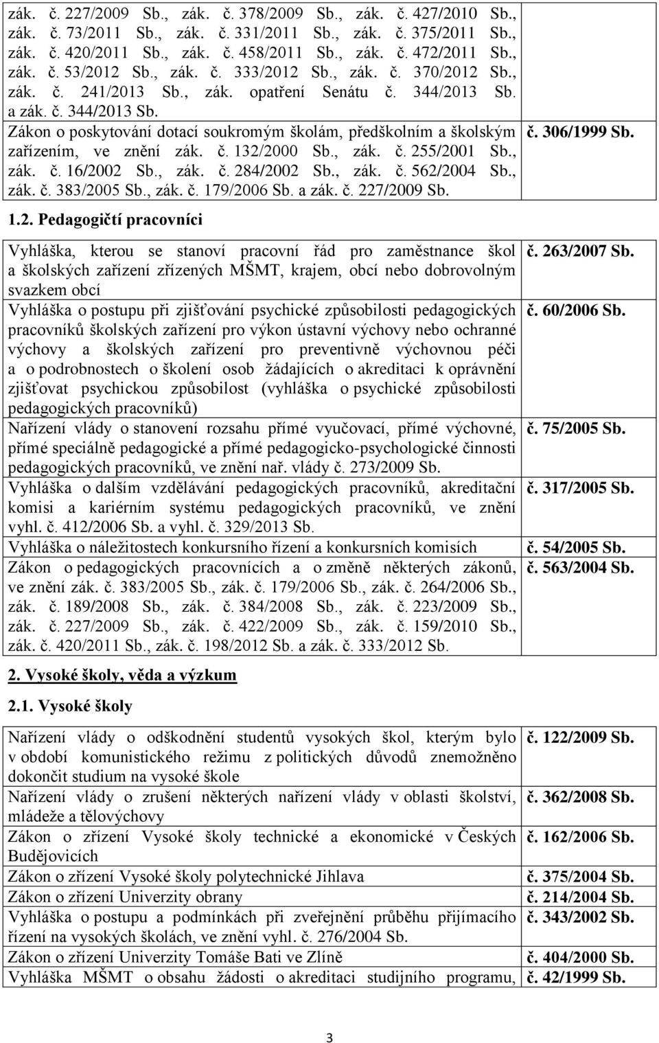 a zák. č. 344/2013 Sb. Zákon o poskytování dotací soukromým školám, předškolním a školským zařízením, ve znění zák. č. 132/2000 Sb., zák. č. 255/2001 Sb., zák. č. 16/2002 Sb., zák. č. 284/2002 Sb.