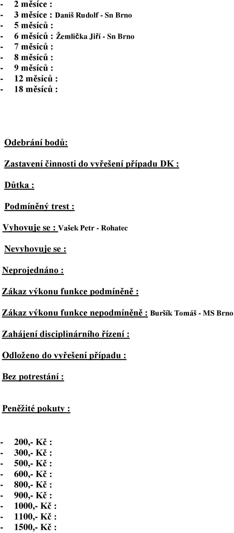 Neprojednáno : Zákaz výkonu funkce podmíněně : Zákaz výkonu funkce nepodmíněně : Buršík Tomáš - MS Brno Zahájení disciplinárního řízení : Odloženo do