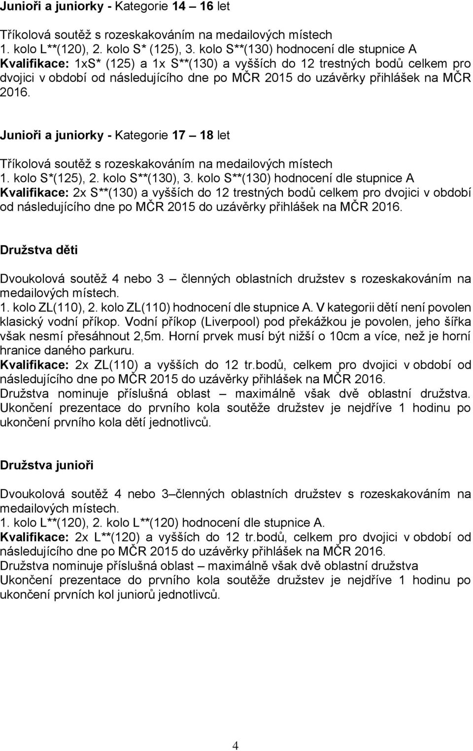 2016. Junioři a juniorky - Kategorie 17 18 let Tříkolová soutěž s rozeskakováním na medailových místech 1. kolo S*(125), 2. kolo S**(130), 3.