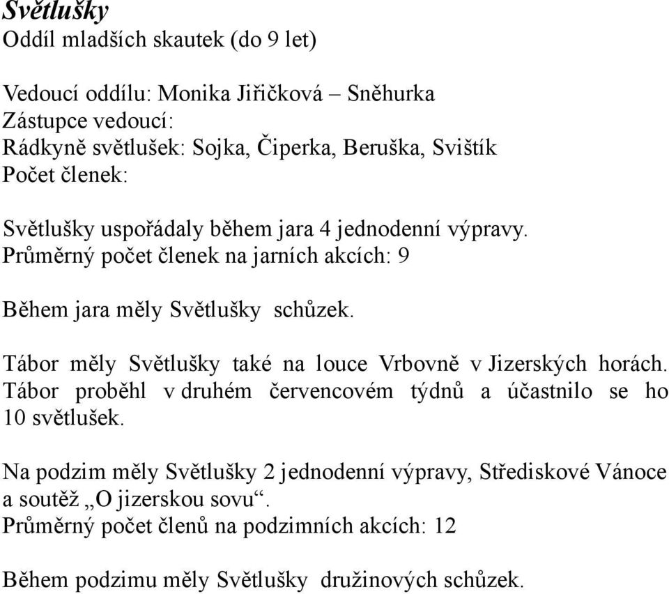 Tábor měly Světlušky také na louce Vrbovně v Jizerských horách. Tábor proběhl v druhém červencovém týdnů a účastnilo se ho 10 světlušek.