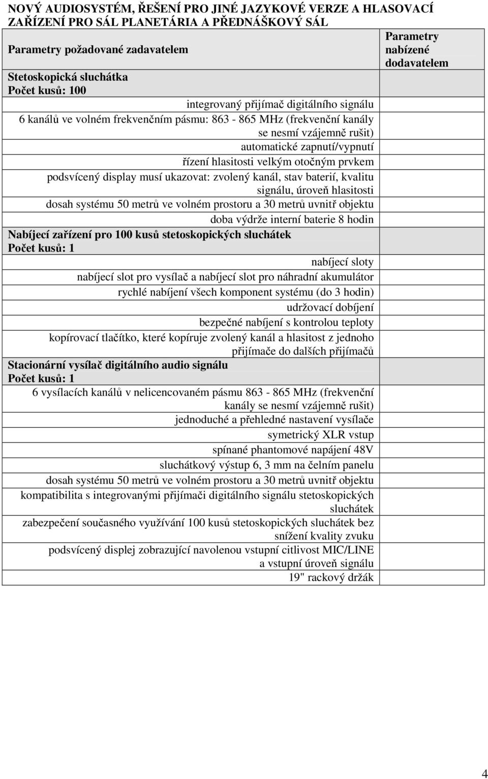ukazovat: zvolený kanál, stav baterií, kvalitu signálu, úroveň hlasitosti dosah systému 50 metrů ve volném prostoru a 30 metrů uvnitř objektu doba výdrže interní baterie 8 hodin Nabíjecí zařízení pro