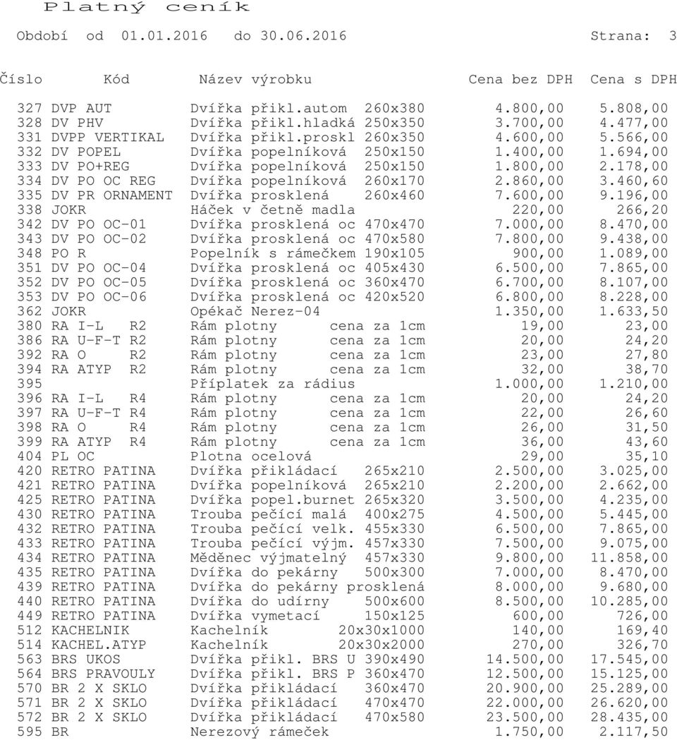 860,00 3.460,60 335 DV PR ORNAMENT Dvířka prosklená 260x460 7.600,00 9.196,00 338 JOKR Háček v četně madla 220,00 266,20 342 DV PO OC-01 Dvířka prosklená oc 470x470 7.000,00 8.