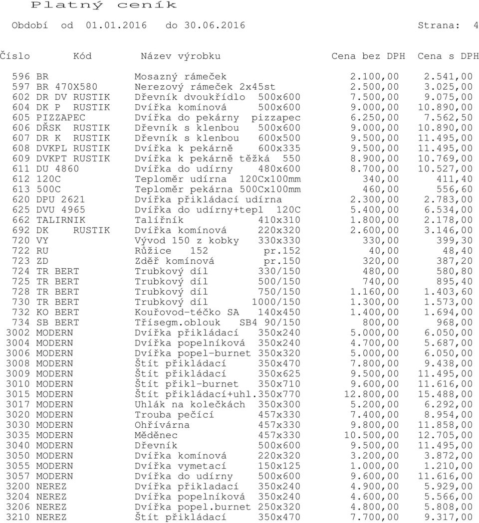 500,00 11.495,00 608 DVKPL RUSTIK Dvířka k pekárně 600x335 9.500,00 11.495,00 609 DVKPT RUSTIK Dvířka k pekárně těžká 550 8.900,00 10.769,00 611 DU 4860 Dvířka do udírny 480x600 8.700,00 10.