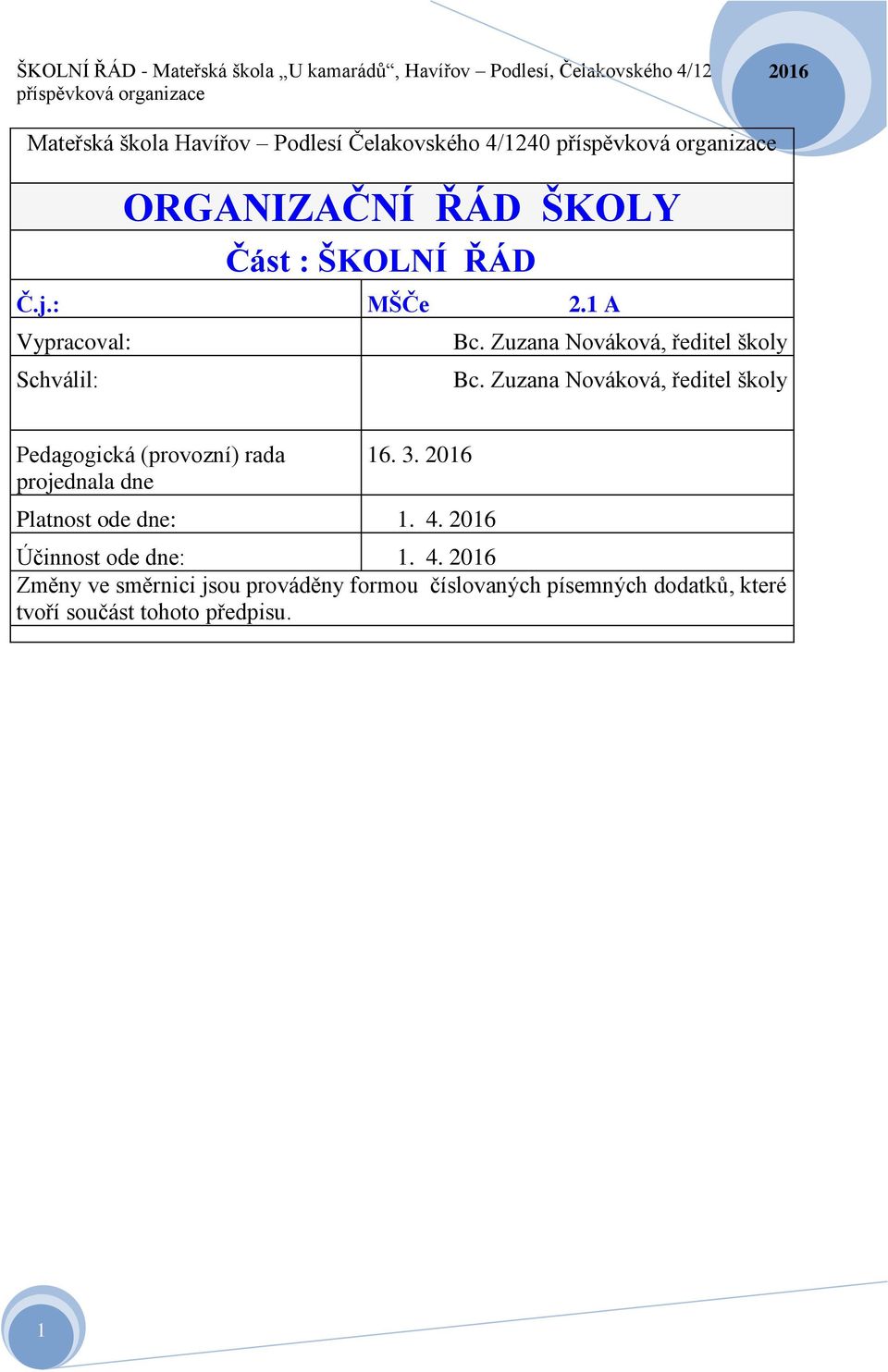 Zuzana Nováková, ředitel školy Pedagogická (provozní) rada projednala dne 16. 3. Platnost ode dne: 1.