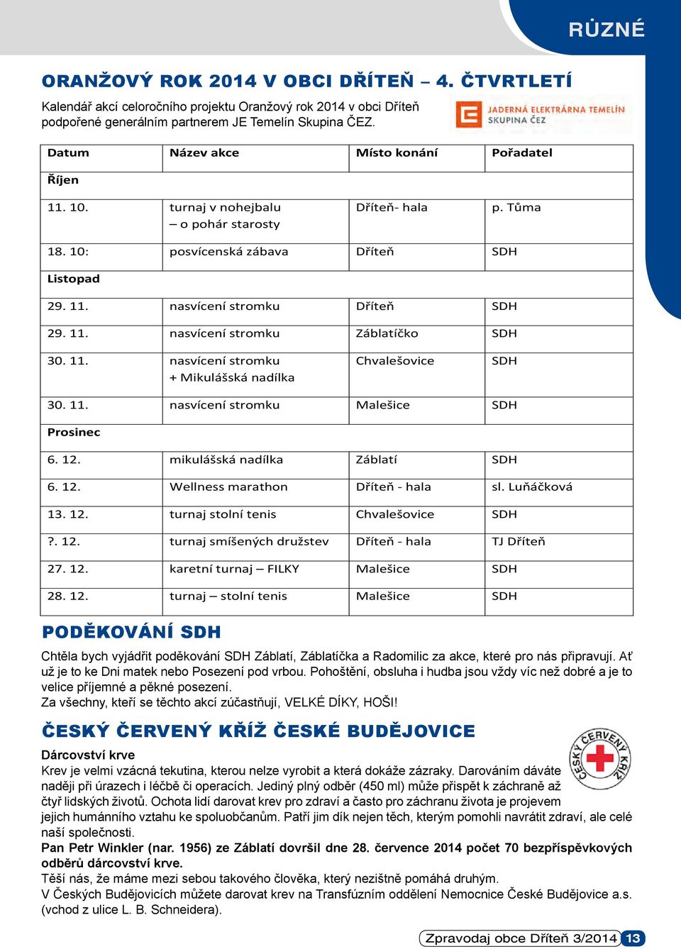 Kalendář akcí celoročního projektu Oranžový rok 2014 v obci Dříteň podpořené generálním partnerem JE Temelín Skupina ČEZ. Datum Název akce Místo konání Pořadatel Říjen různé 11. 10.