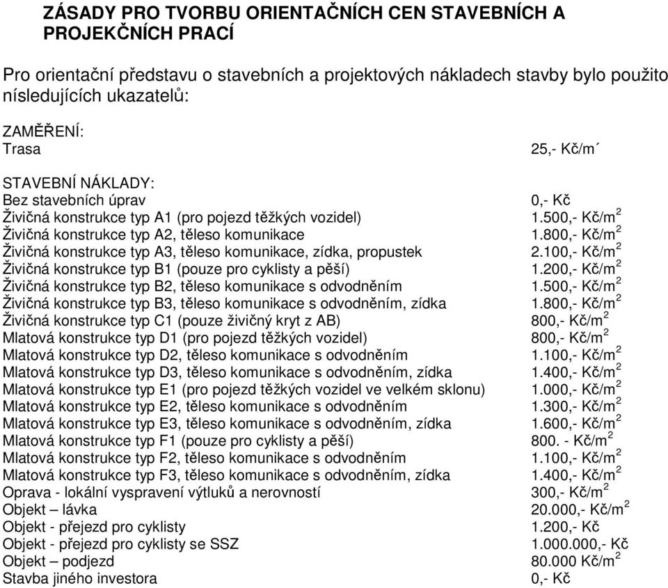 800,- Kč/m 2 Živičná konstrukce typ A3, těleso komunikace, zídka, propustek 2.100,- Kč/m 2 Živičná konstrukce typ B1 (pouze pro cyklisty a pěší) 1.
