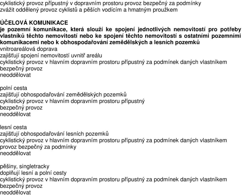 pozemků vnitroareálová doprava zajišťují spojení nemovitostí uvnitř areálu cyklistický provoz v hlavním dopravním prostoru přípustný za podmínek daných vlastníkem bezpečný provoz neoddělovat polní
