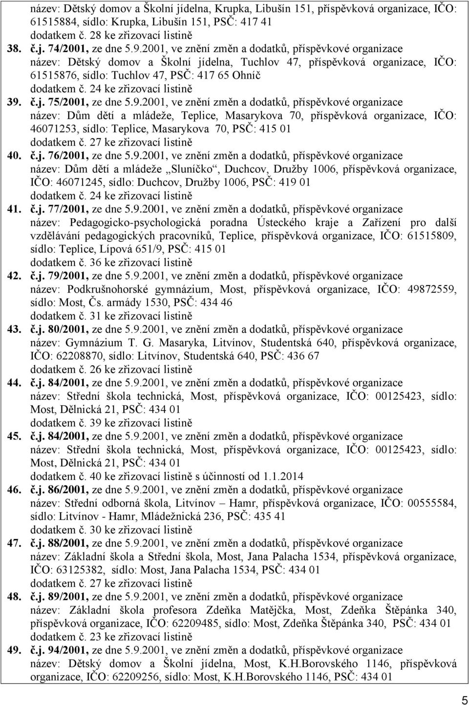 9.2001, ve znění změn a dodatků, příspěvkové organizace název: Dům dětí a mládeže, Teplice, Masarykova 70, příspěvková organizace, IČO: 46071253, sídlo: Teplice, Masarykova 70, PSČ: 415 01 40. č.j.
